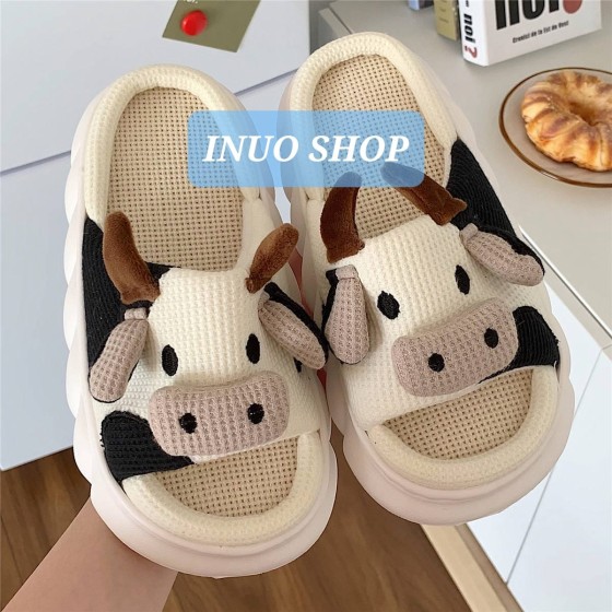 Zapatillas de lino con dibujos animados de vaca 🐮Sandalias de lino antideslizante